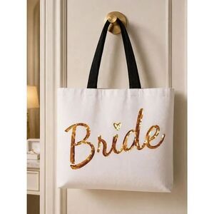 Bride Sequin Tote Bag in White and Gold